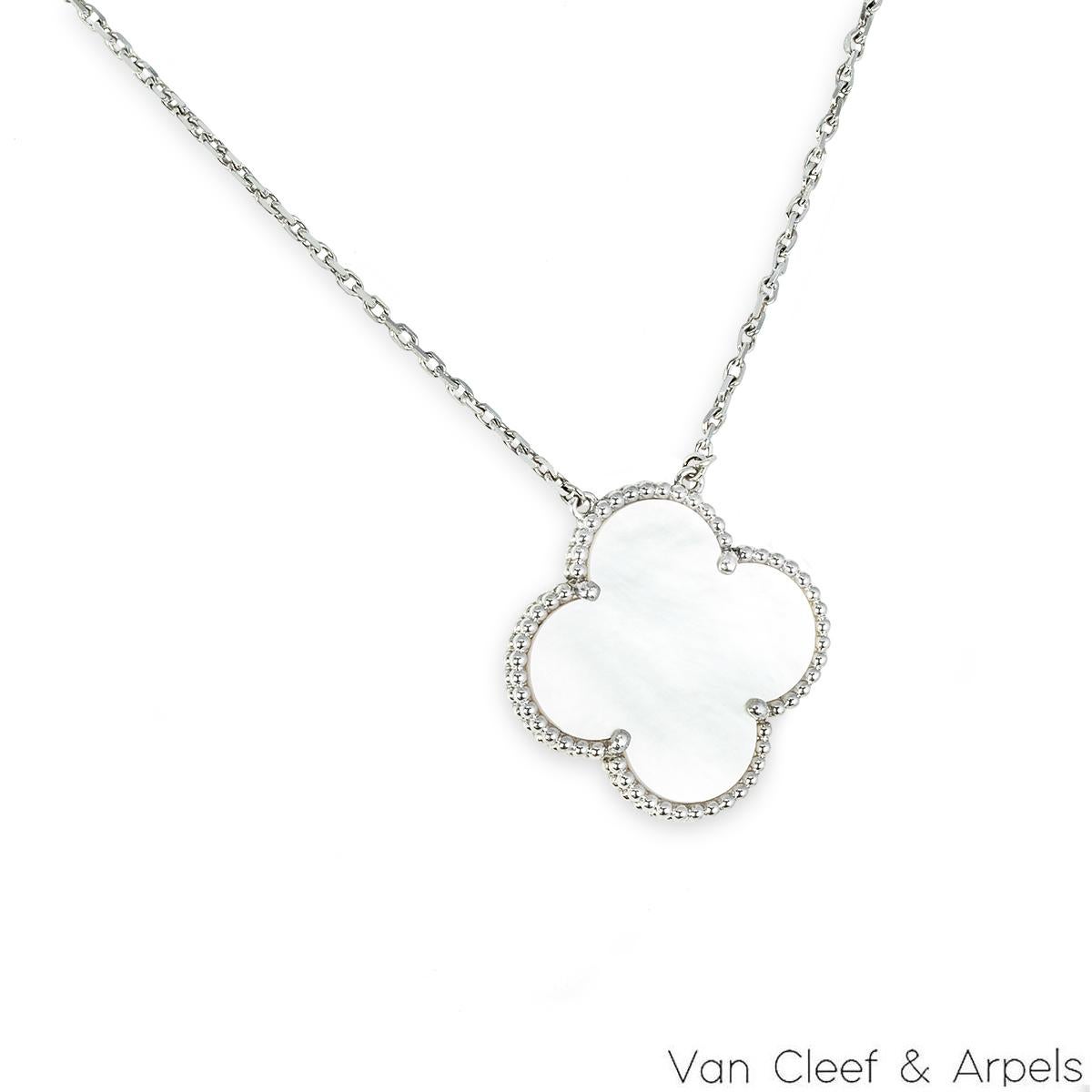 A gorgeous 18k white gold mother of pearl necklace by Van Cleef & Arpels from the Magic Alhambra collection. The necklace comprises of the iconic 4-leaf clover motif pendant set with a mother of pearl inlay and complemented with a beaded edge. The