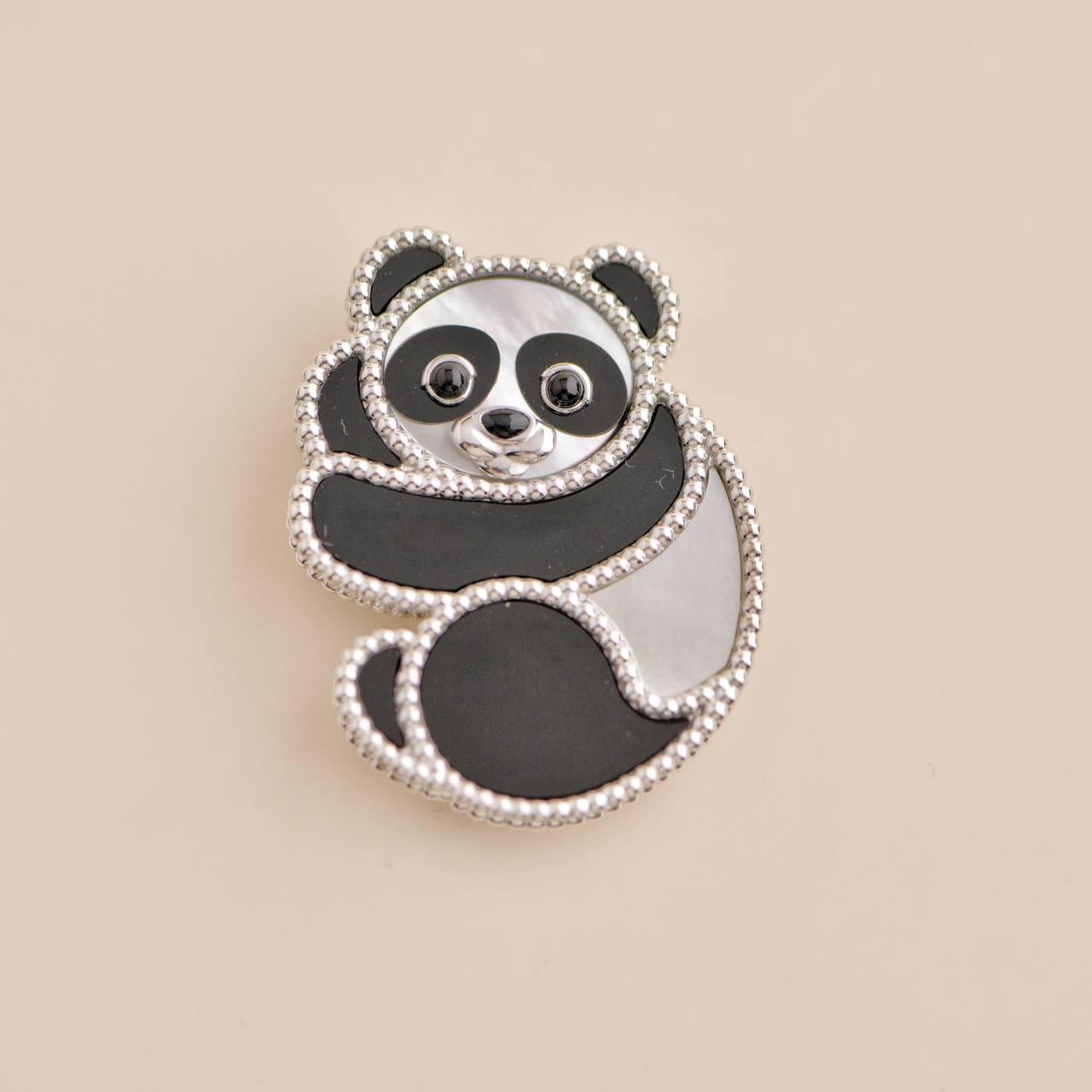 Uncut Van Cleef & Arpels White Gold Mother-of-Pearl Onyx Lucky Animals Panda Brooch  For Sale