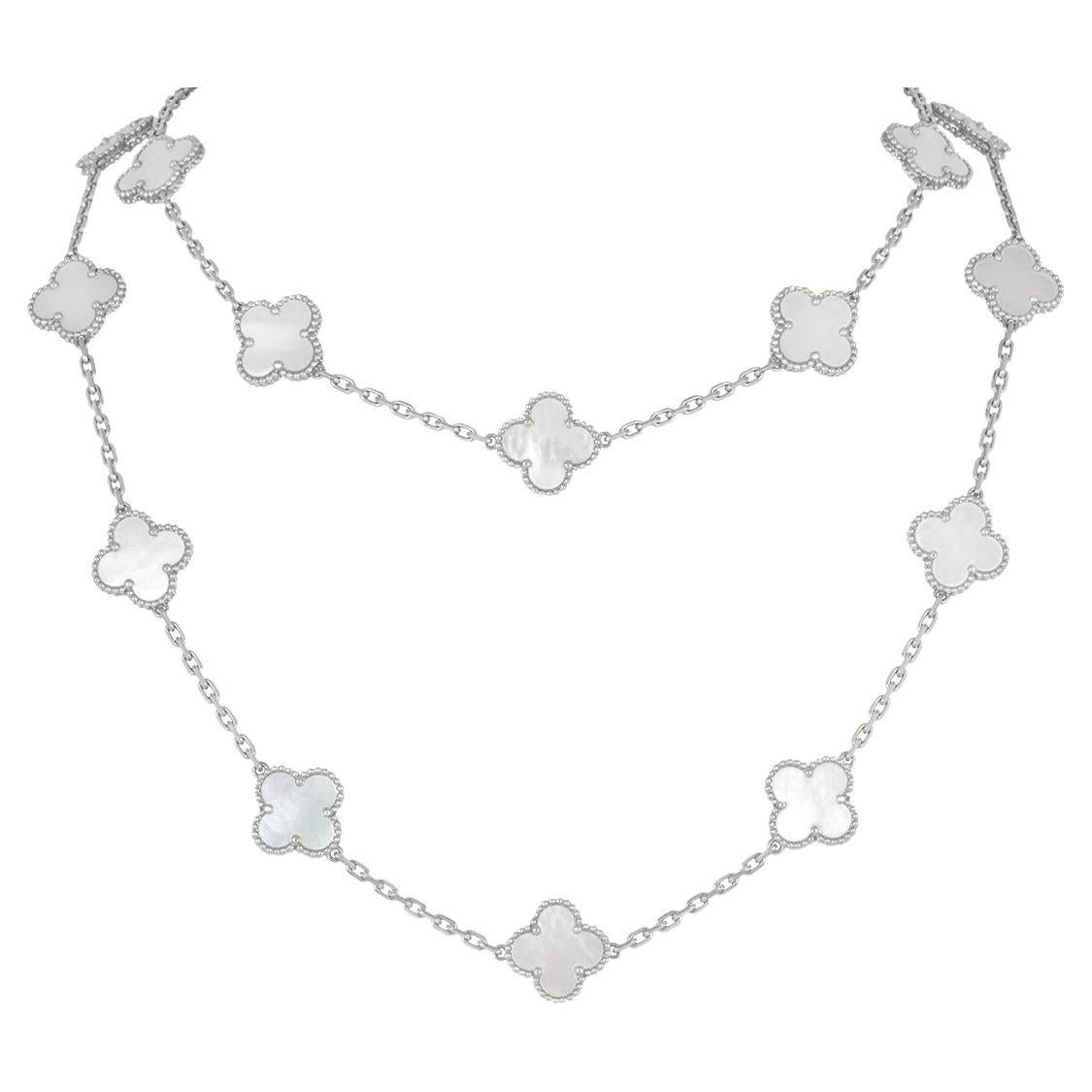 Van Cleef & Arpels White Gold Mother of Pearl Vintage Alhambra 20 Motif Necklace For Sale