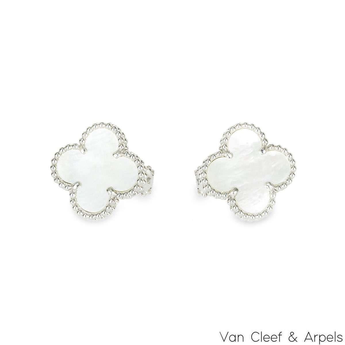 Women's Van Cleef & Arpels White Gold Mother Of Pearl Vintage Alhambra Earrings VCARF486 For Sale