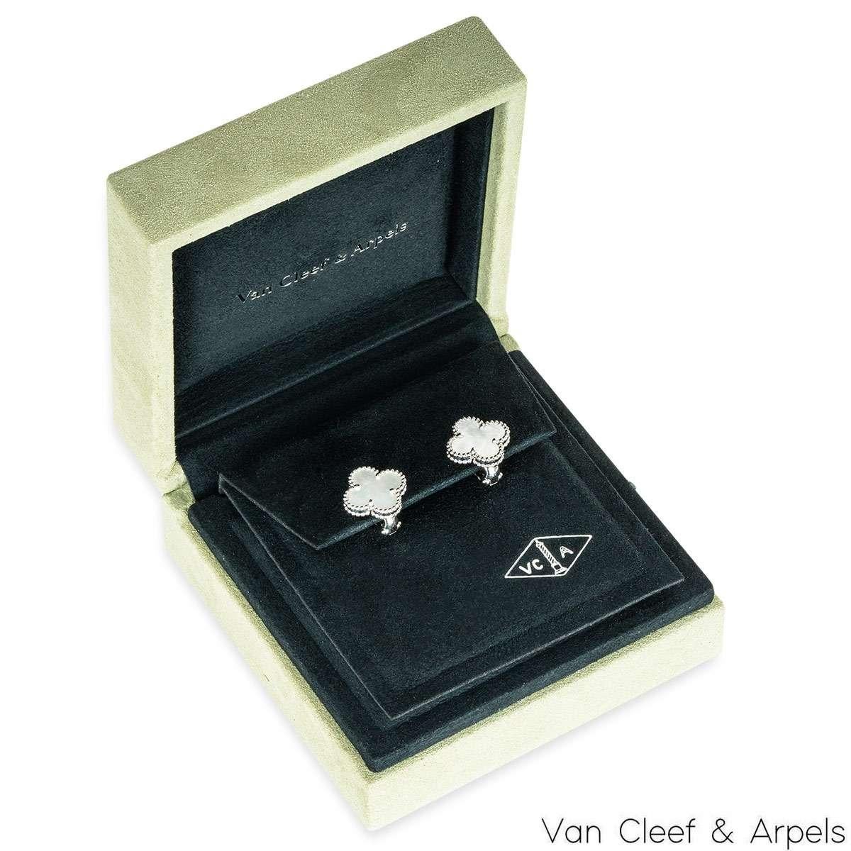 Van Cleef & Arpels White Gold Mother Of Pearl Vintage Alhambra Earrings VCARF486 For Sale 2