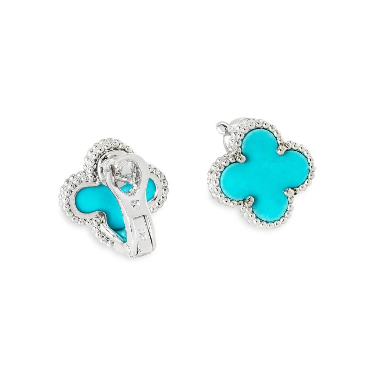 Uncut Van Cleef & Arpels White Gold Rare Turquoise Vintage Alhambra Earrings