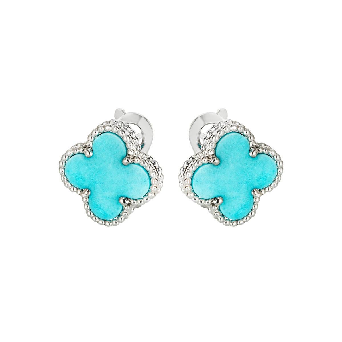 Van Cleef & Arpels White Gold Rare Turquoise Vintage Alhambra Earrings In Excellent Condition In Mayfair, London, London