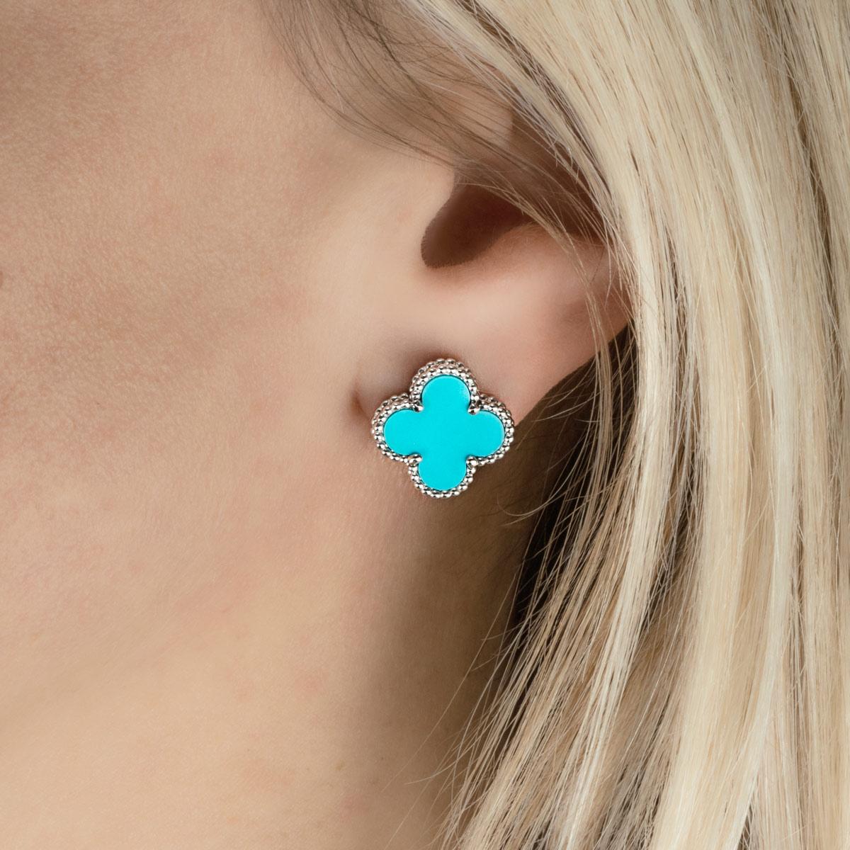 Women's or Men's Van Cleef & Arpels White Gold Rare Turquoise Vintage Alhambra Earrings