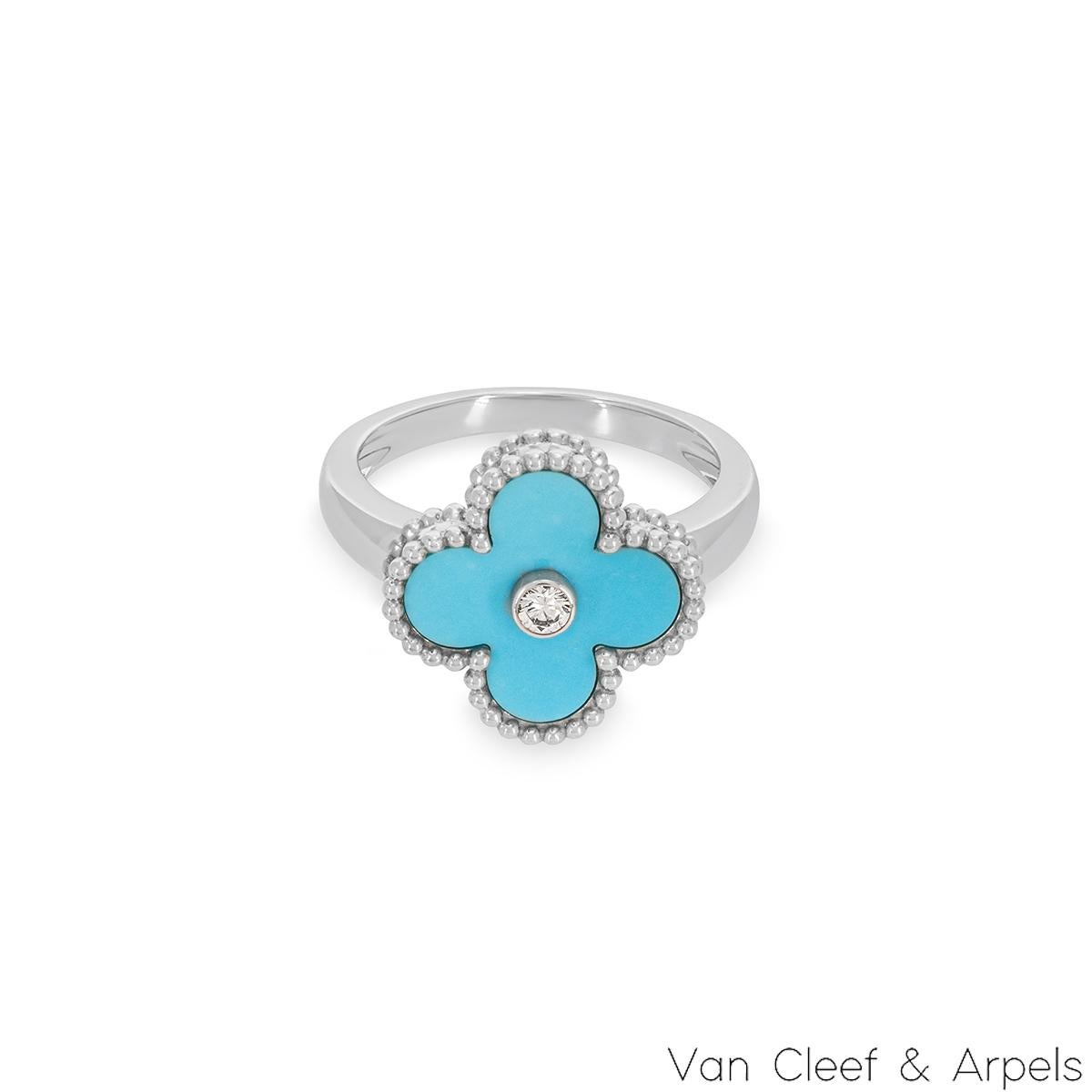Round Cut Van Cleef & Arpels White Gold Turquoise and Diamond Vintage Alhambra Ring For Sale