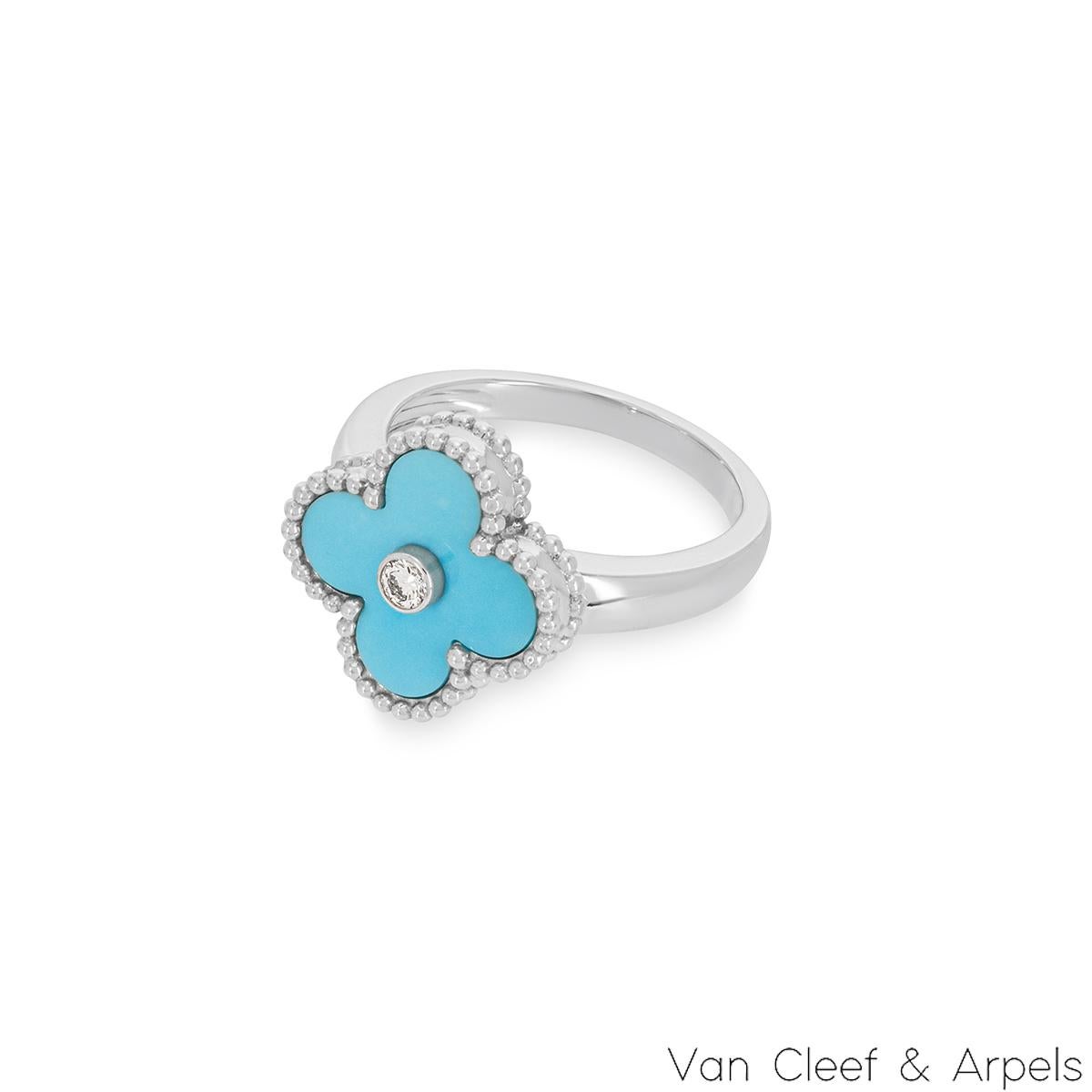 Van Cleef & Arpels White Gold Turquoise and Diamond Vintage Alhambra Ring In Good Condition For Sale In London, GB