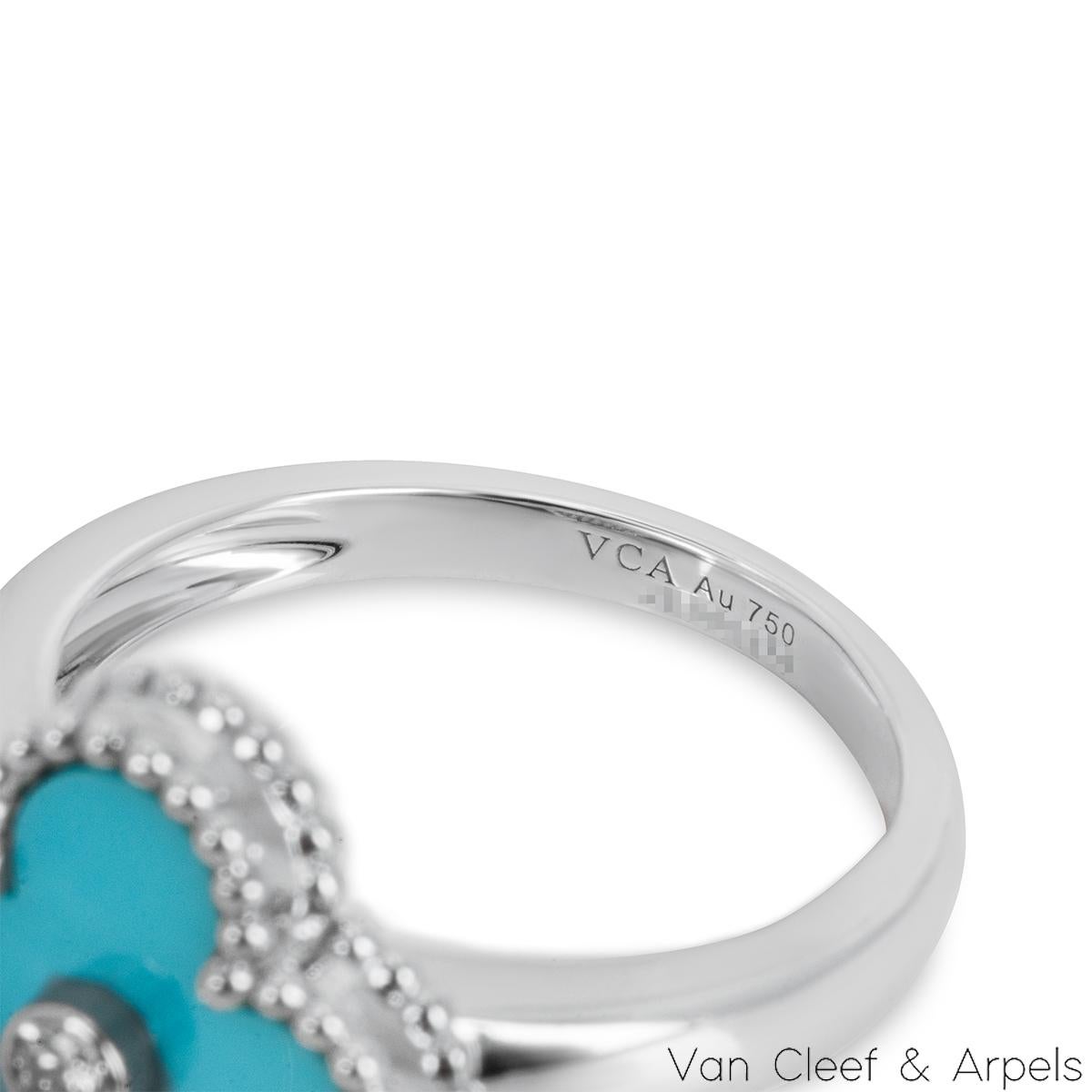 Women's or Men's Van Cleef & Arpels White Gold Turquoise and Diamond Vintage Alhambra Ring For Sale