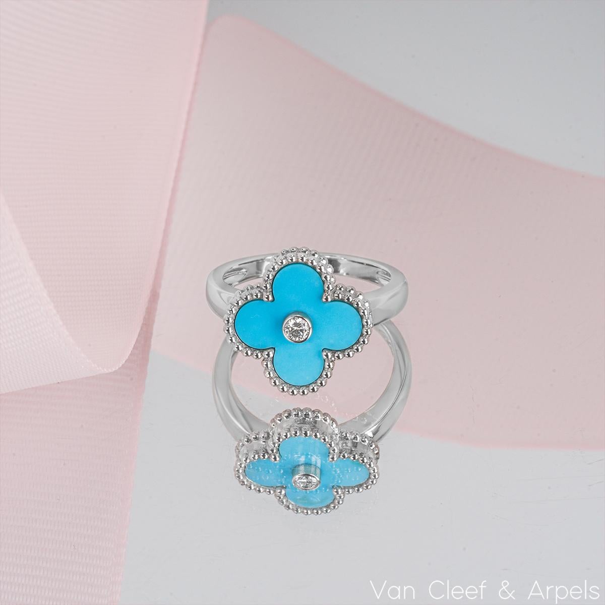Van Cleef & Arpels White Gold Turquoise and Diamond Vintage Alhambra Ring For Sale 3