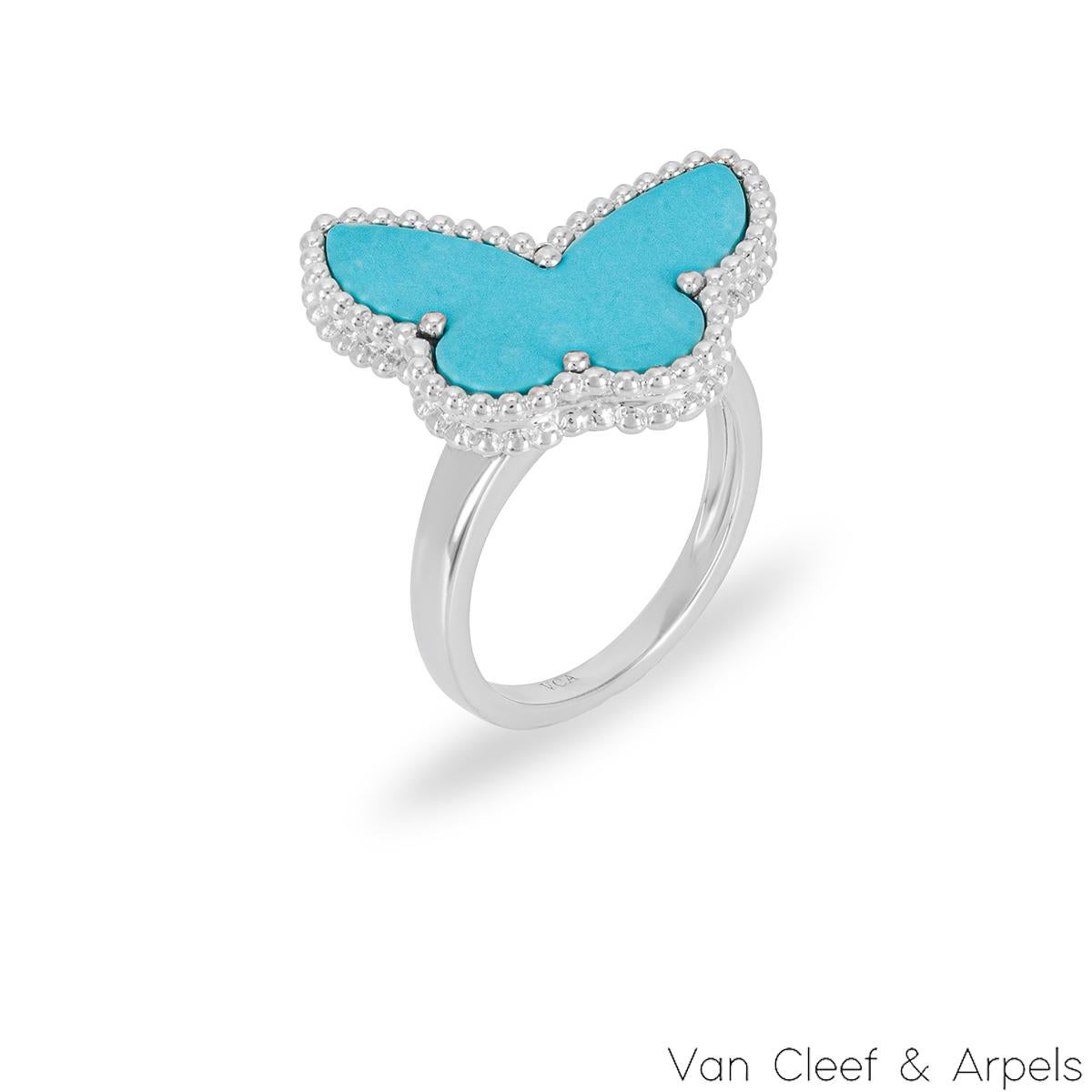 A beautiful 18k white gold turquoise ring from the Lucky Alhambra collection by Van Cleef & Arpels. The ring is set with an off-centre butterfly motif and a turquoise inlay that is further complemented by a beaded outer edge. The motif measures 16mm