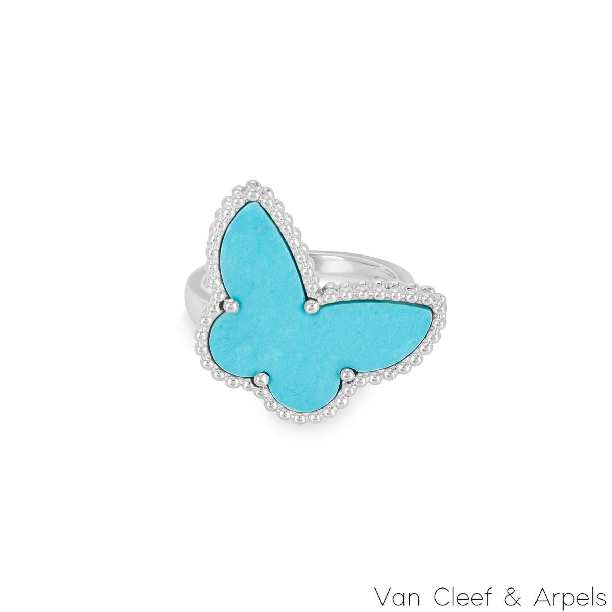 Round Cut Van Cleef & Arpels White Gold Turquoise Lucky Alhambra Butterfly Ring For Sale