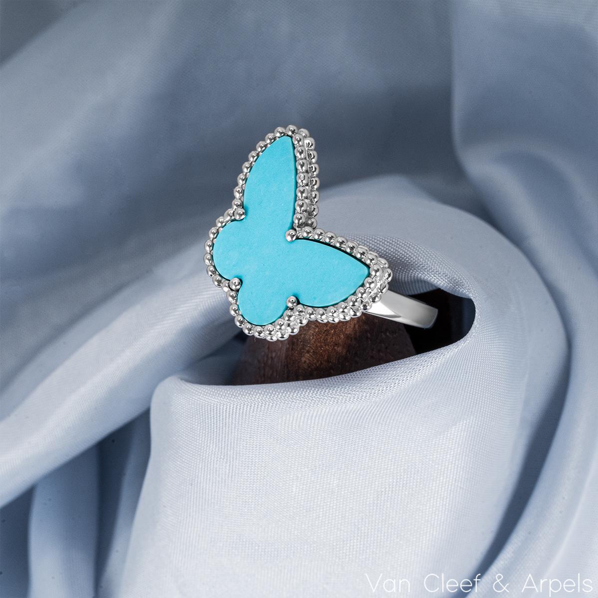 Van Cleef & Arpels White Gold Turquoise Lucky Alhambra Butterfly Ring For Sale 2