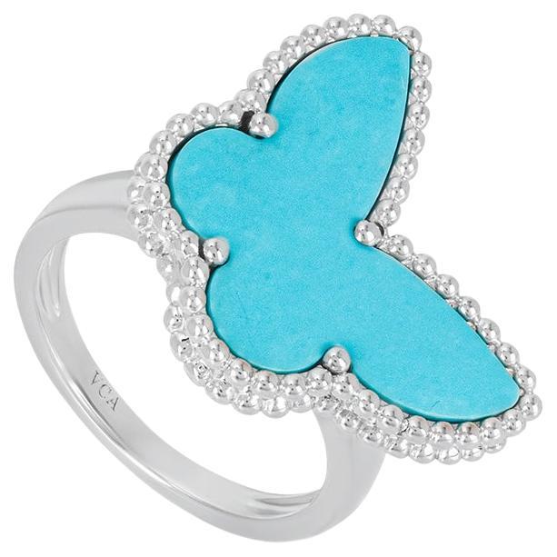 Van Cleef & Arpels White Gold Turquoise Lucky Alhambra Butterfly Ring For Sale