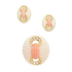 Van Cleef & Arpels White/ Pink Coral, & dDamond earrings & Brooch Set