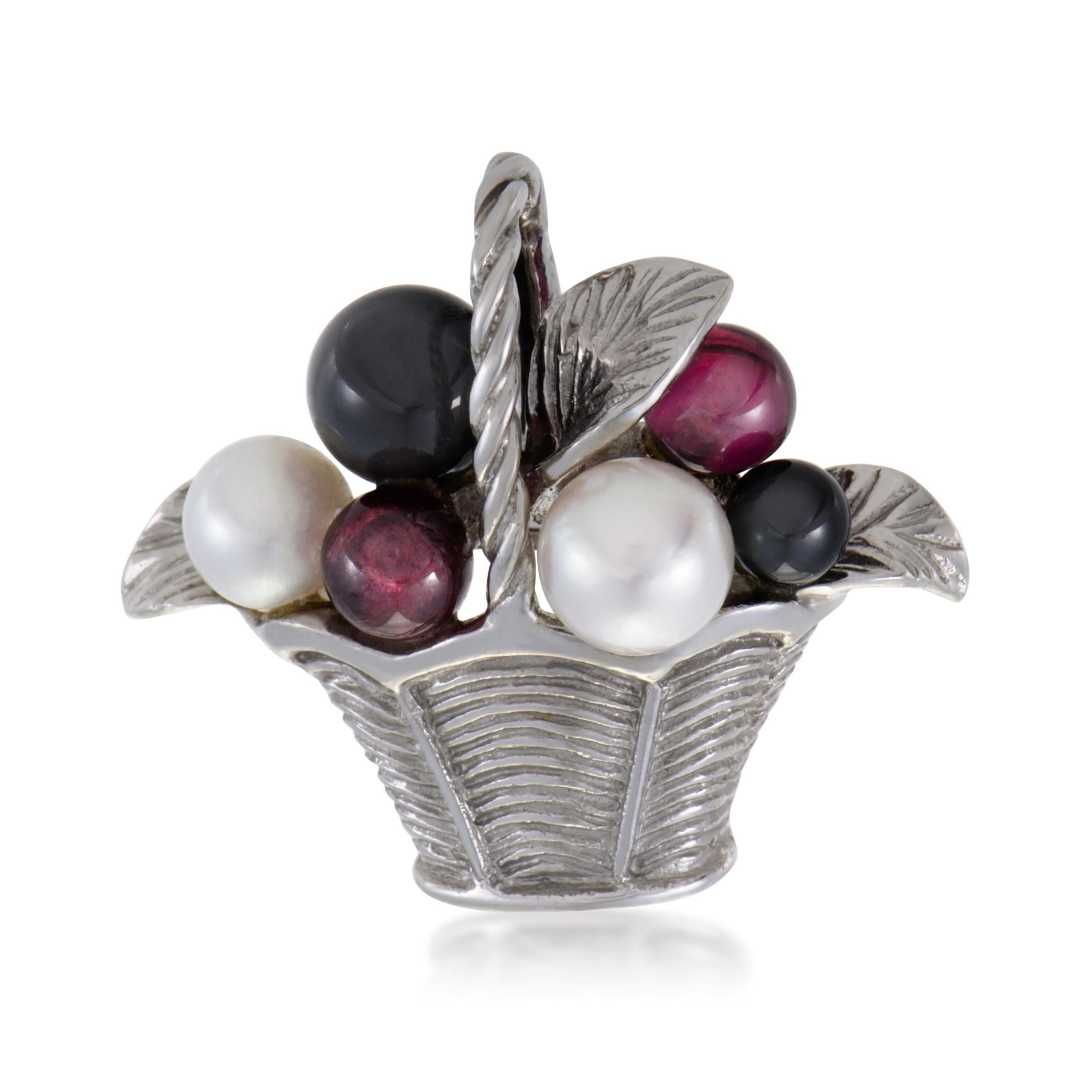 Van Cleef & Arpels Womens 18 Karat Gold Pearl Tourmaline and Onyx Basket Pin In Excellent Condition In Southampton, PA