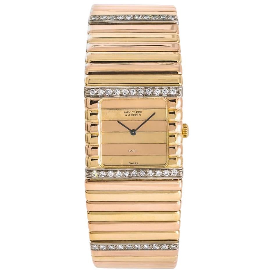 Van Cleef & Arpels Womens Quartz Tricolor 18k 101.7 Gram Gold Watch 2.28 Carat For Sale