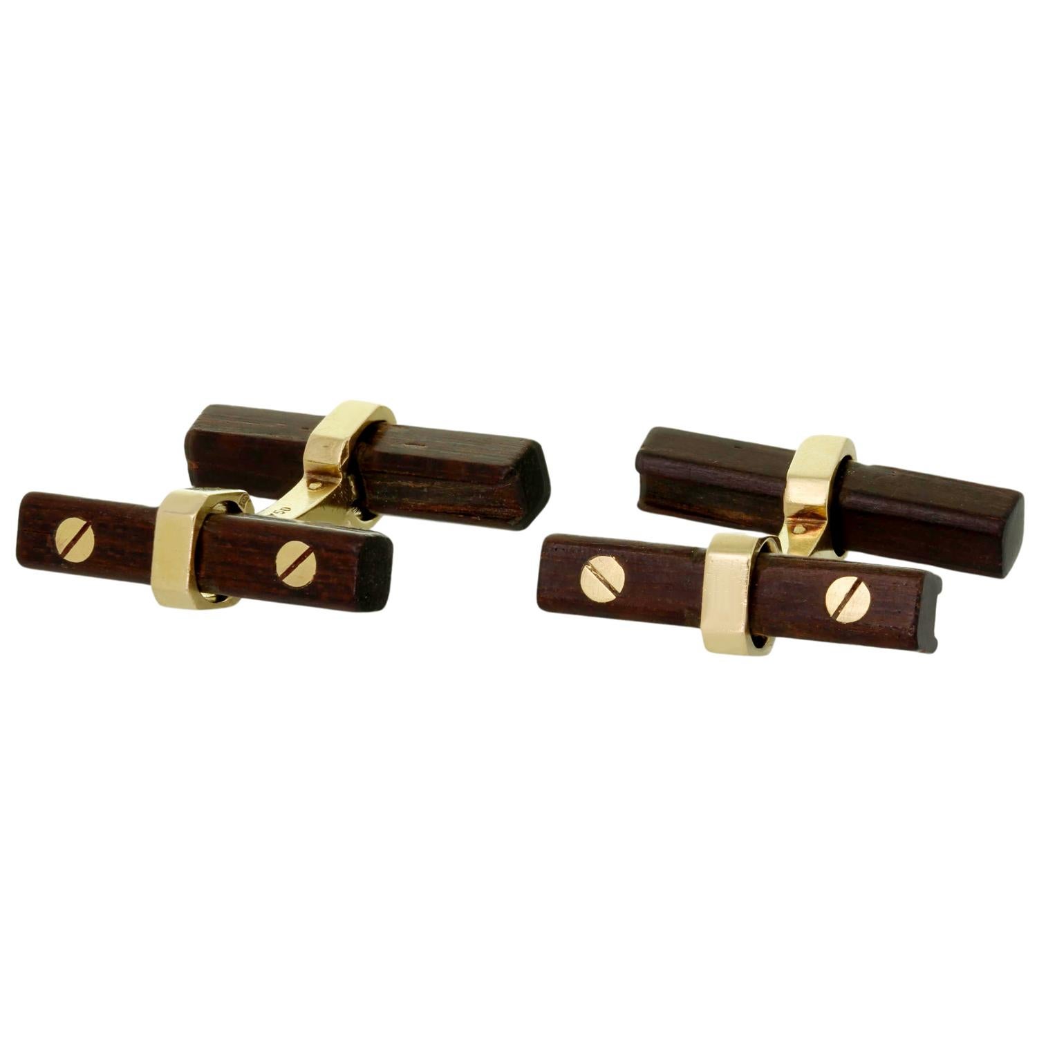 VAN CLEEF & ARPELS Wood Baton 18k Yellow Gold 1960s Cufflinks In Good Condition For Sale In New York, NY