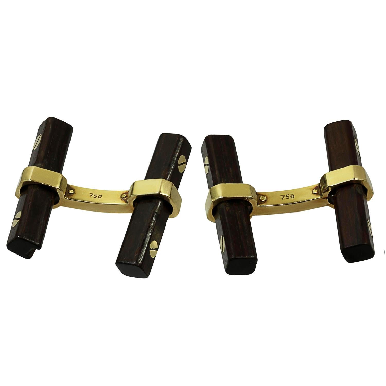 VAN CLEEF & ARPELS Wood Baton 18k Yellow Gold 1960s Cufflinks For Sale 1