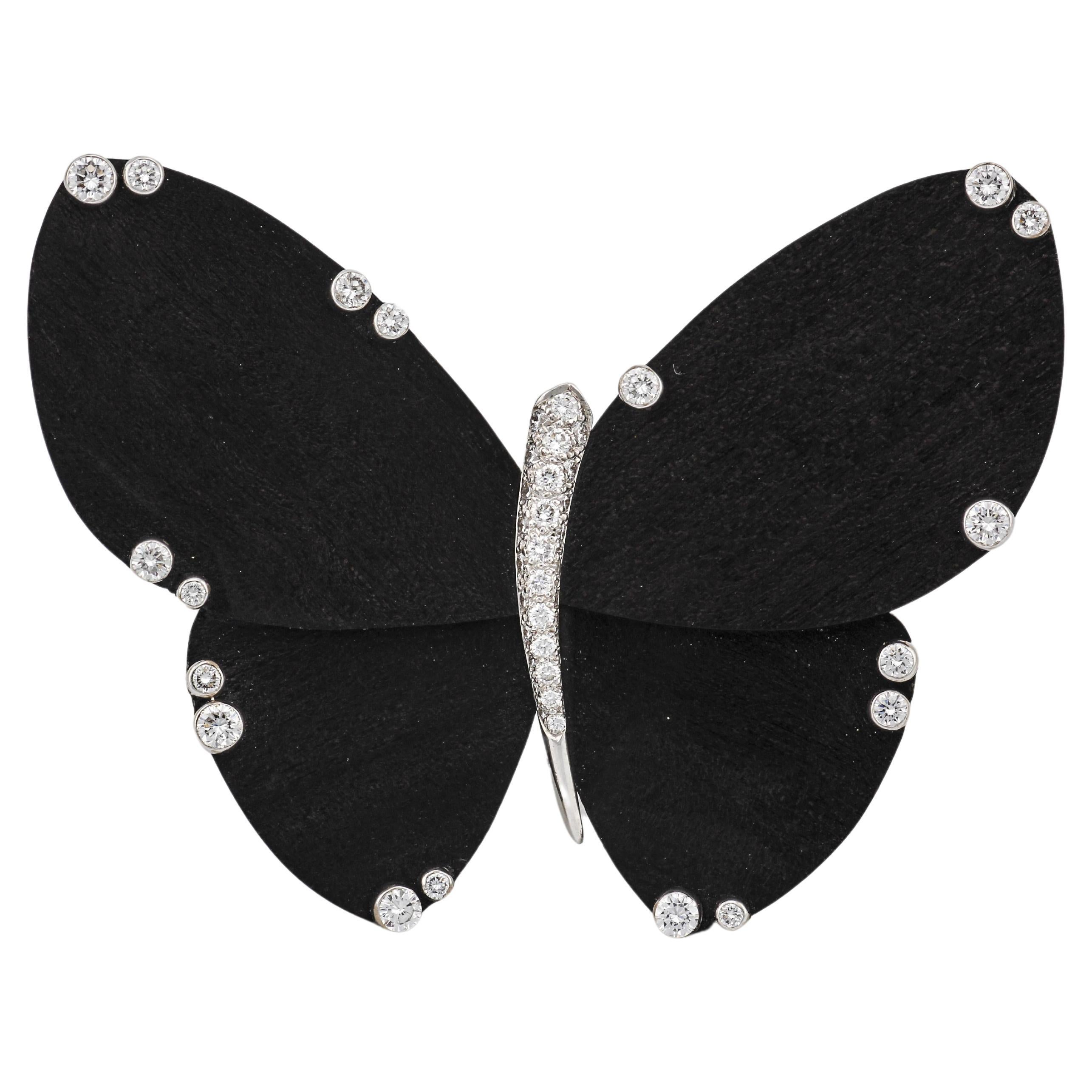 Van Cleef & Arpels Wood Diamond 18K White Gold Butterfly Brooch For Sale