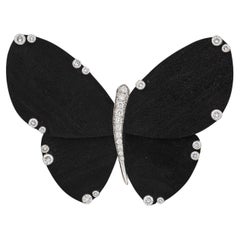 Used Van Cleef & Arpels Wood Diamond 18K White Gold Butterfly Brooch