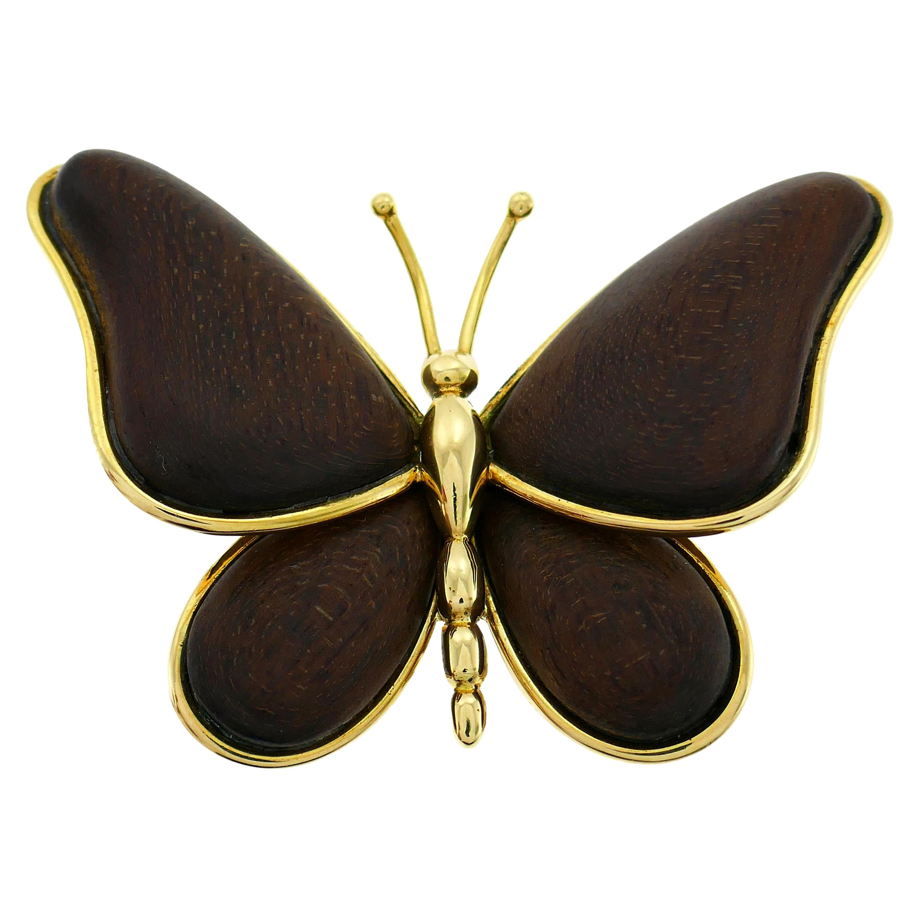 Van Cleef & Arpels Wood Gold Butterfly Pin Brooch Clip VCA For Sale