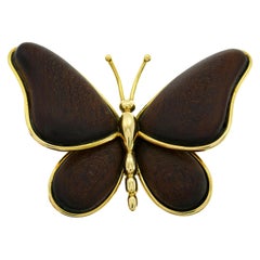 Vintage Van Cleef & Arpels Wood Gold Butterfly Pin Brooch Clip VCA