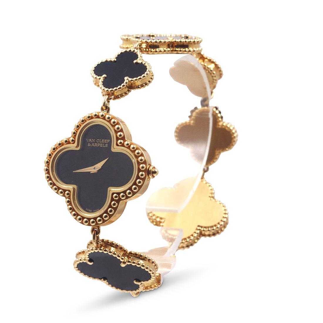 Authentic Van Cleef & Arpels Alhambra watch crafted in 18 karat yellow gold and onyx.  The watch features a clover-shaped carved onyx dial with a 26mm x 26mm case, bezel, and crown of 18 karat yellow gold.  The bracelet features seven carved onyx