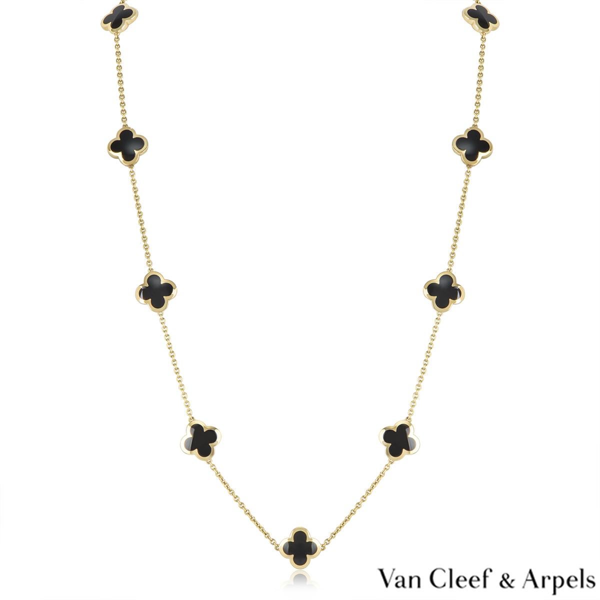 An 18k yellow gold Pure Alhambra necklace by Van Cleef & Arpels. The necklace is composed of 14 iconic four leaf clover motifs, set to the centre with onyx inlays and a polished outer edge. The necklace measures 32 inches in length and has a gross