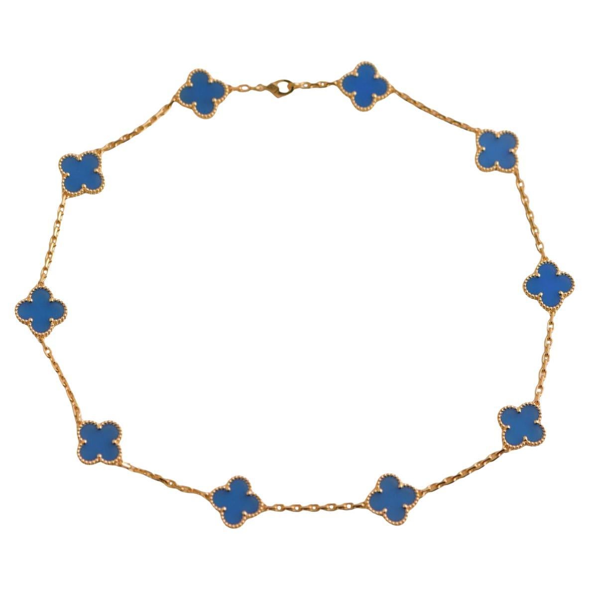 Van Cleef & Arpels Yellow Gold Blue Agate Vintage Alhambra 10 Motif Necklace For Sale