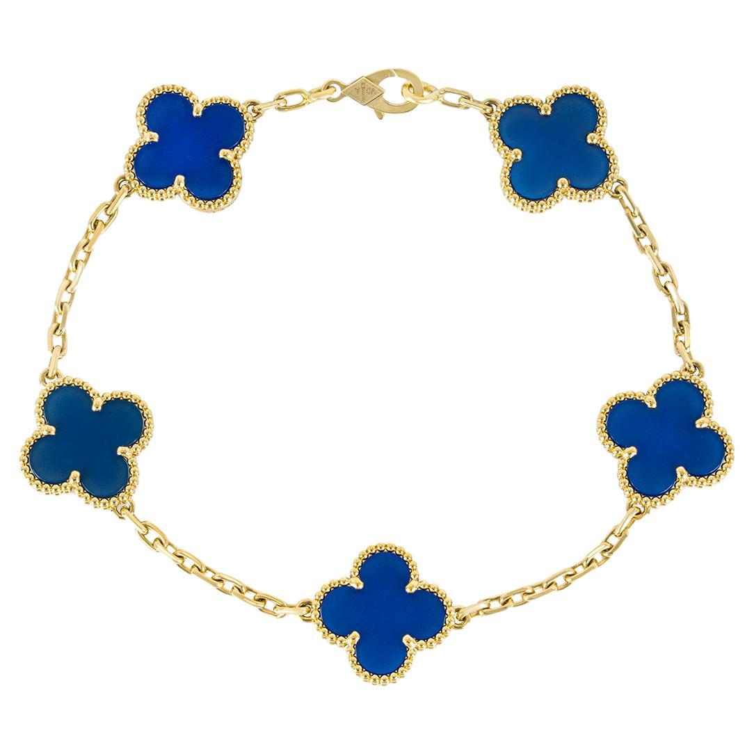 Van Cleef & Arpels Bracelet vintage Alhambra à 5 motifs en or jaune et agate bleue