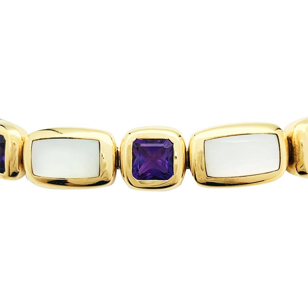 Square Cut Van Cleef & Arpels Yellow Gold Bracelet, Mother of Pearl and Amethysts