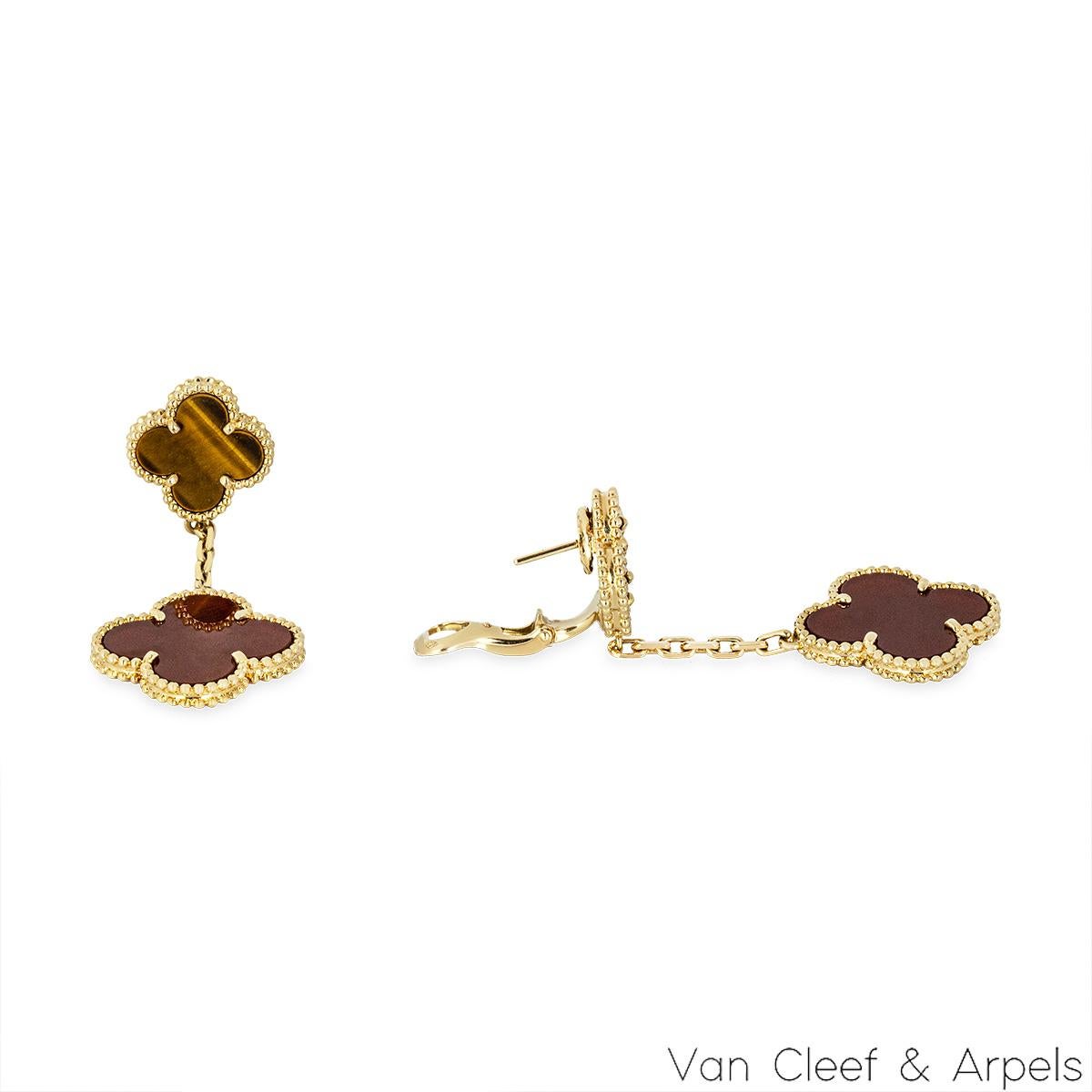 Women's Van Cleef & Arpels Yellow Gold Carnelian & Tigers Eye Magic Alhambra Earrings VC
