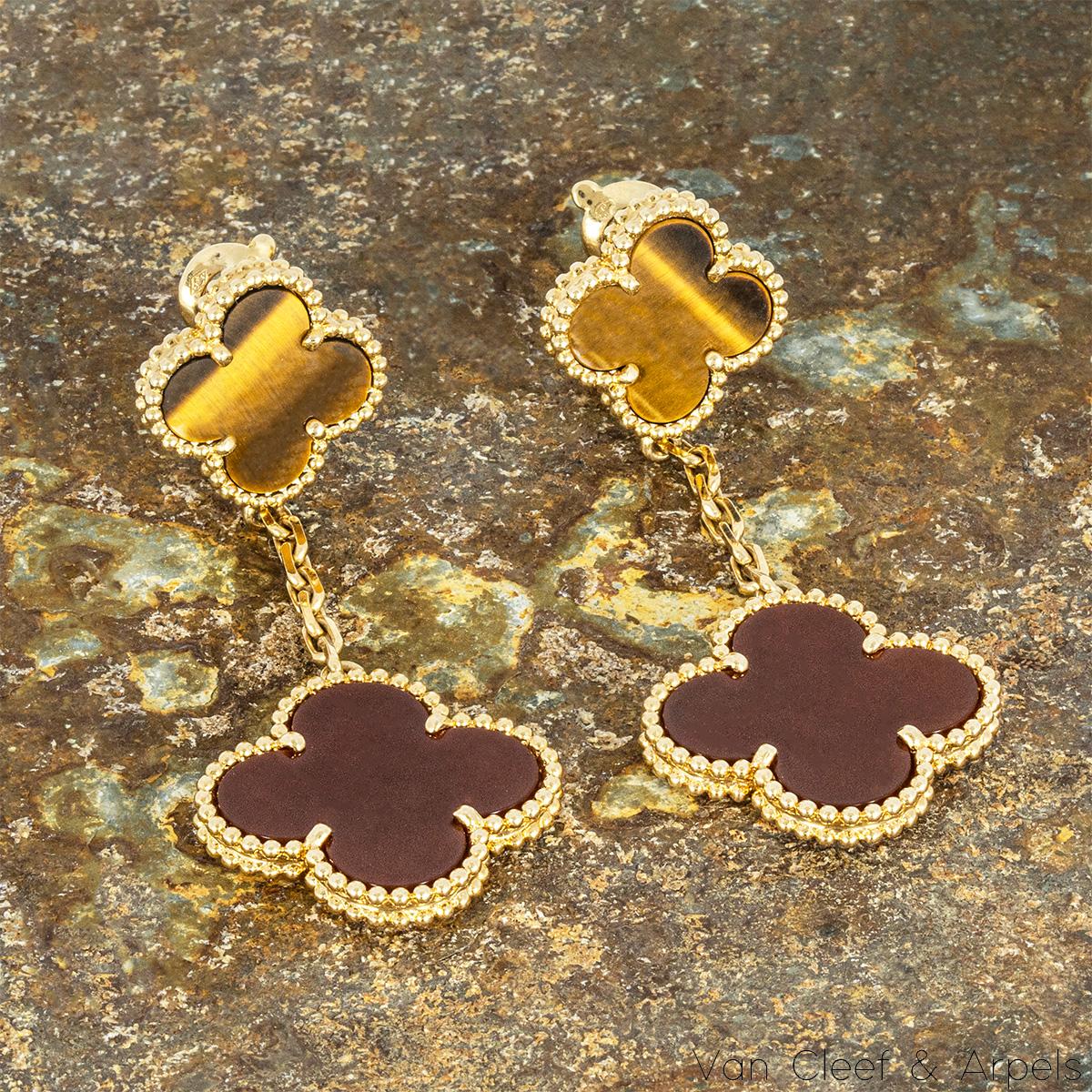 Van Cleef & Arpels Yellow Gold Carnelian & Tigers Eye Magic Alhambra Earrings VC For Sale 2