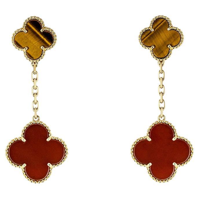 Van Cleef & Arpels Yellow Gold Carnelian & Tigers Eye Magic Alhambra Earrings VC For Sale
