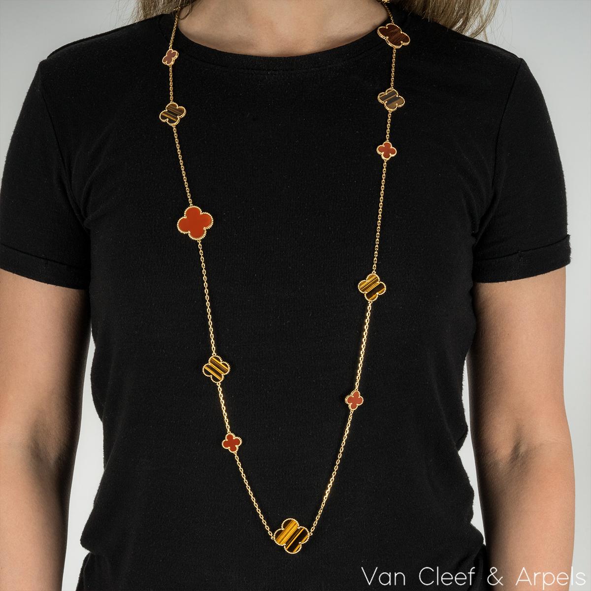 Round Cut Van Cleef & Arpels Yellow Gold Carnelian & Tiger's Eye Magic Alhambra Necklace V For Sale