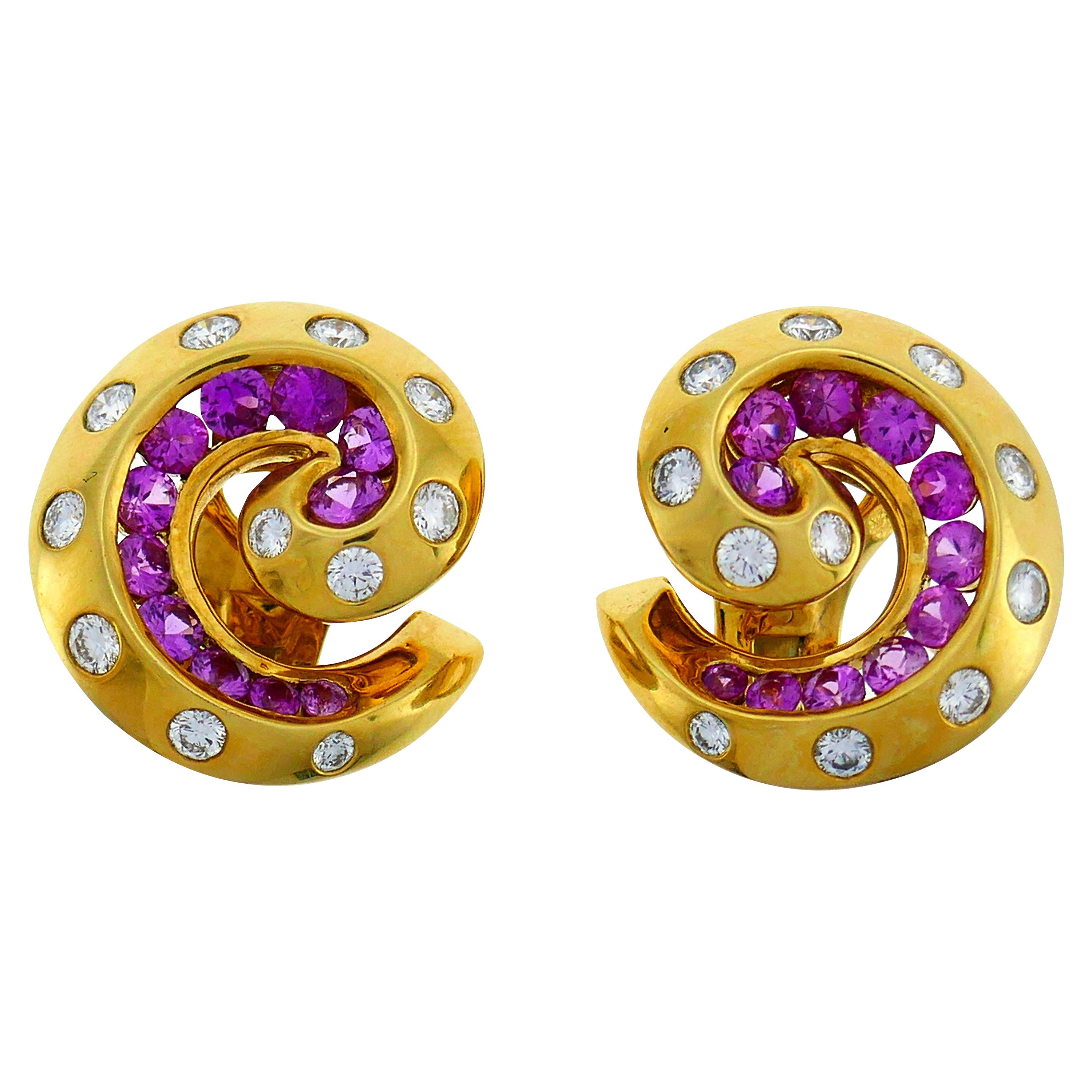 Van Cleef & Arpels Yellow Gold Clip-On Earrings with Diamond and Pink Sapphire