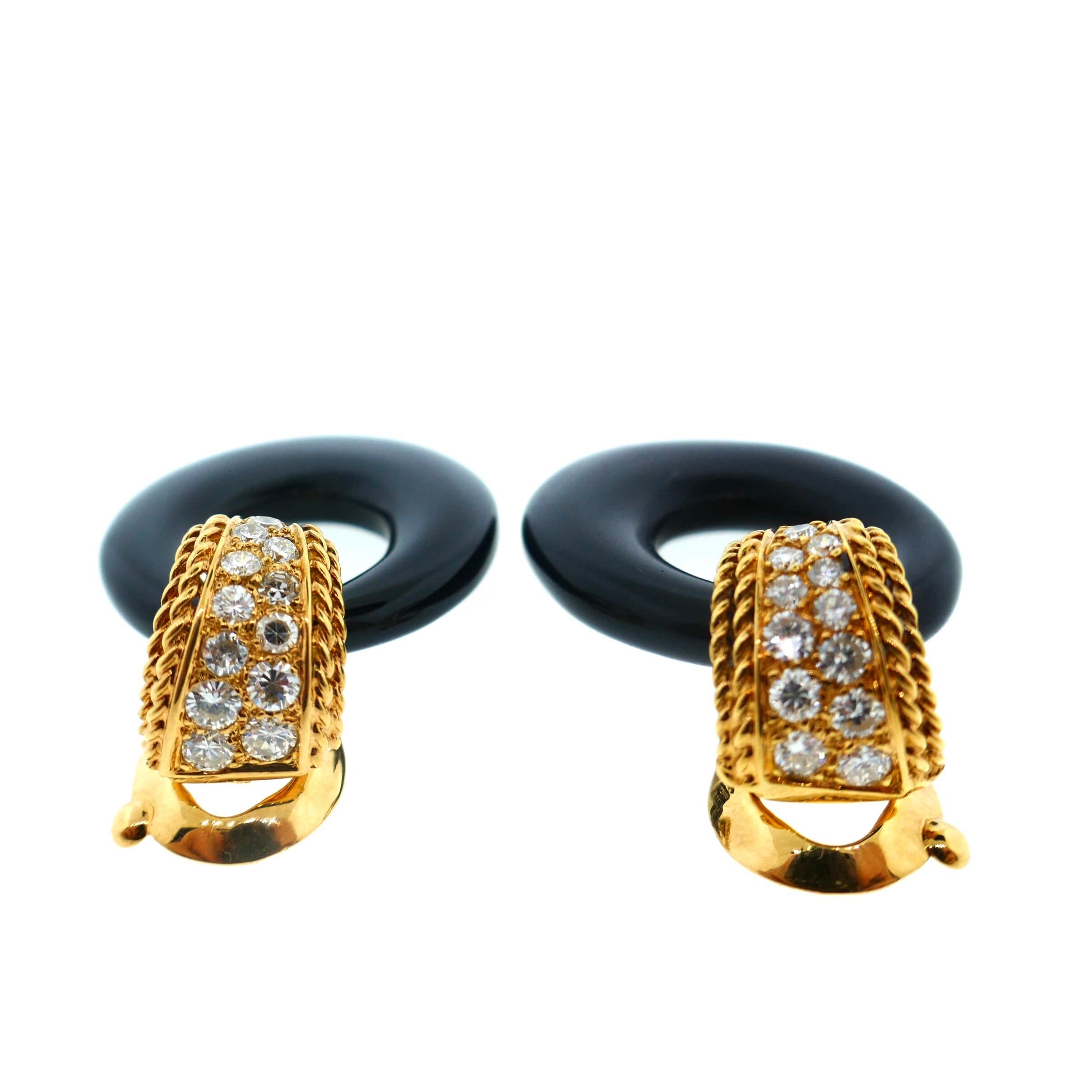 Van Cleef & Arpels Yellow Gold Diamond and Onyx Door Knocker Earrings 2