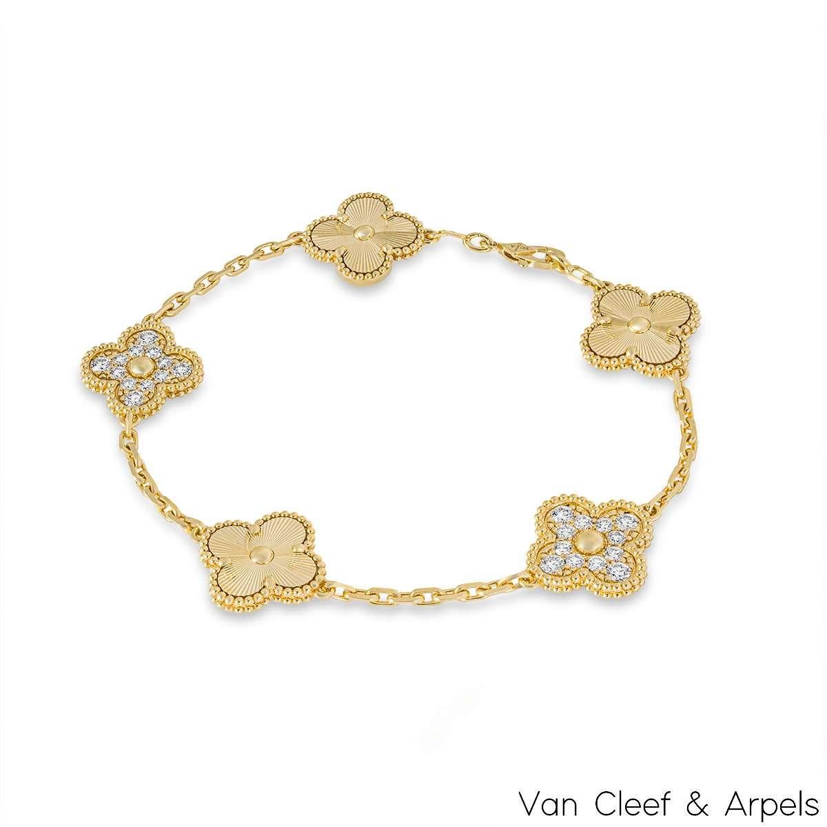 A spectacular 18k yellow gold diamond guilloche bracelet from the Vintage Alhambra collection by Van Cleef and Arpels. The bracelet is made up of 5 alternating iconic clover motifs, three feature guilloche patterns and two feature diamond set