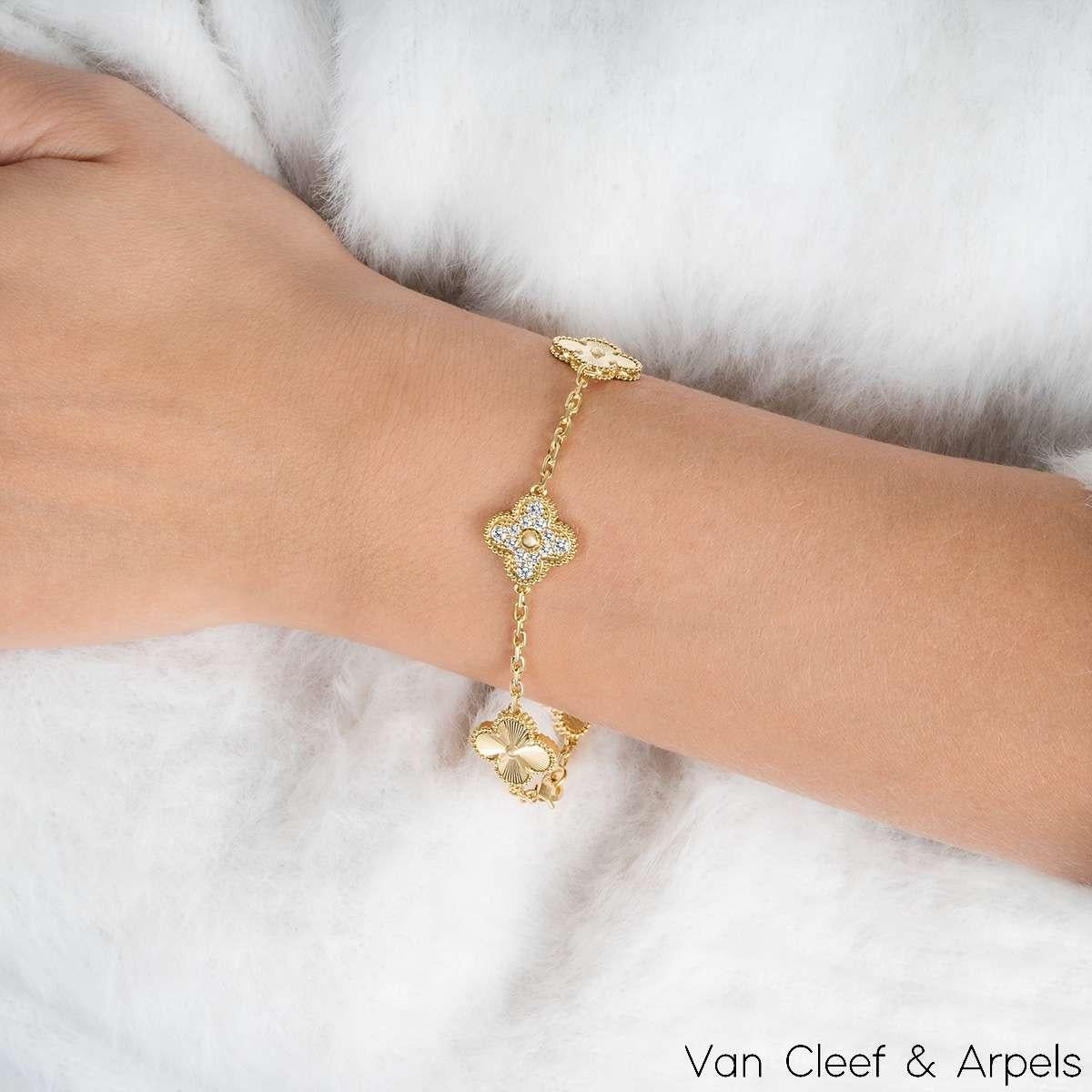 Van Cleef & Arpels Yellow Gold Diamond Guilloche Vintage Alhambra 5 Motif Bracel In Excellent Condition In London, GB