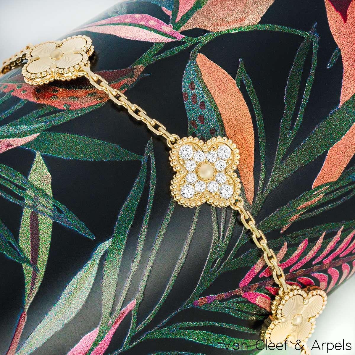 Women's Van Cleef & Arpels Yellow Gold Diamond Guilloche Vintage Alhambra 5 Motif Bracel