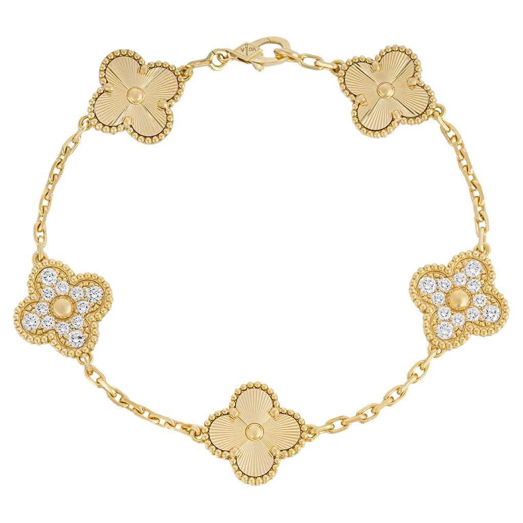 Van Cleef & Arpels Yellow Gold Diamond Guilloche Vintage Alhambra 5 Motif Bracel