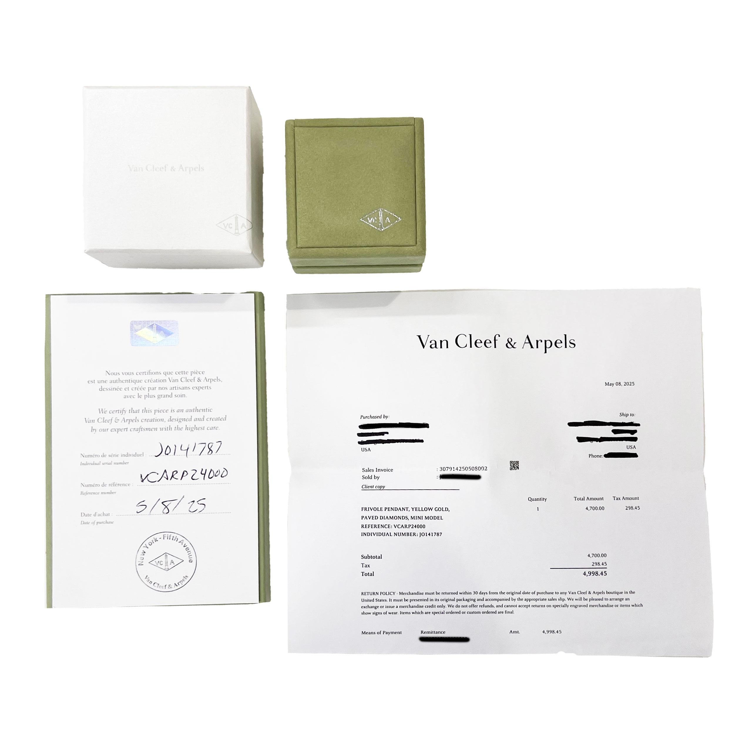 Van Cleef & Arpels Yellow Gold Diamond Mini Model Frivole Pendant In Good Condition For Sale In New York, NY