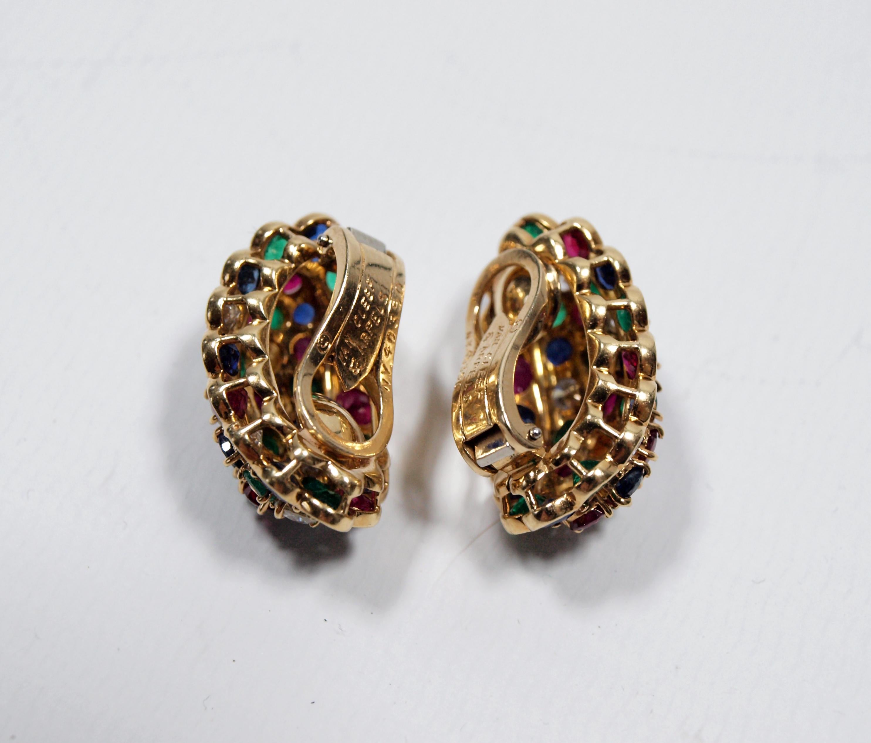 Van Cleef & Arpels Yellow Gold Diamond Ruby Sapphire and Emerald Earclips 5