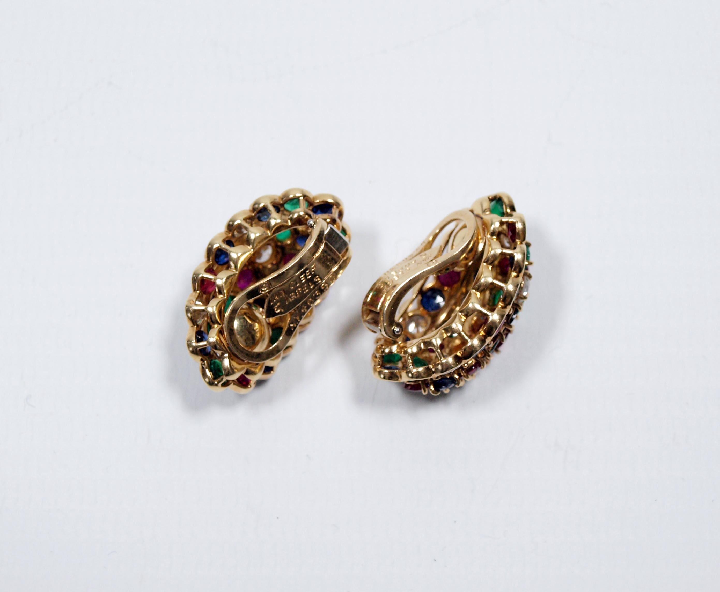 Van Cleef & Arpels Yellow Gold Diamond Ruby Sapphire and Emerald Earclips 6