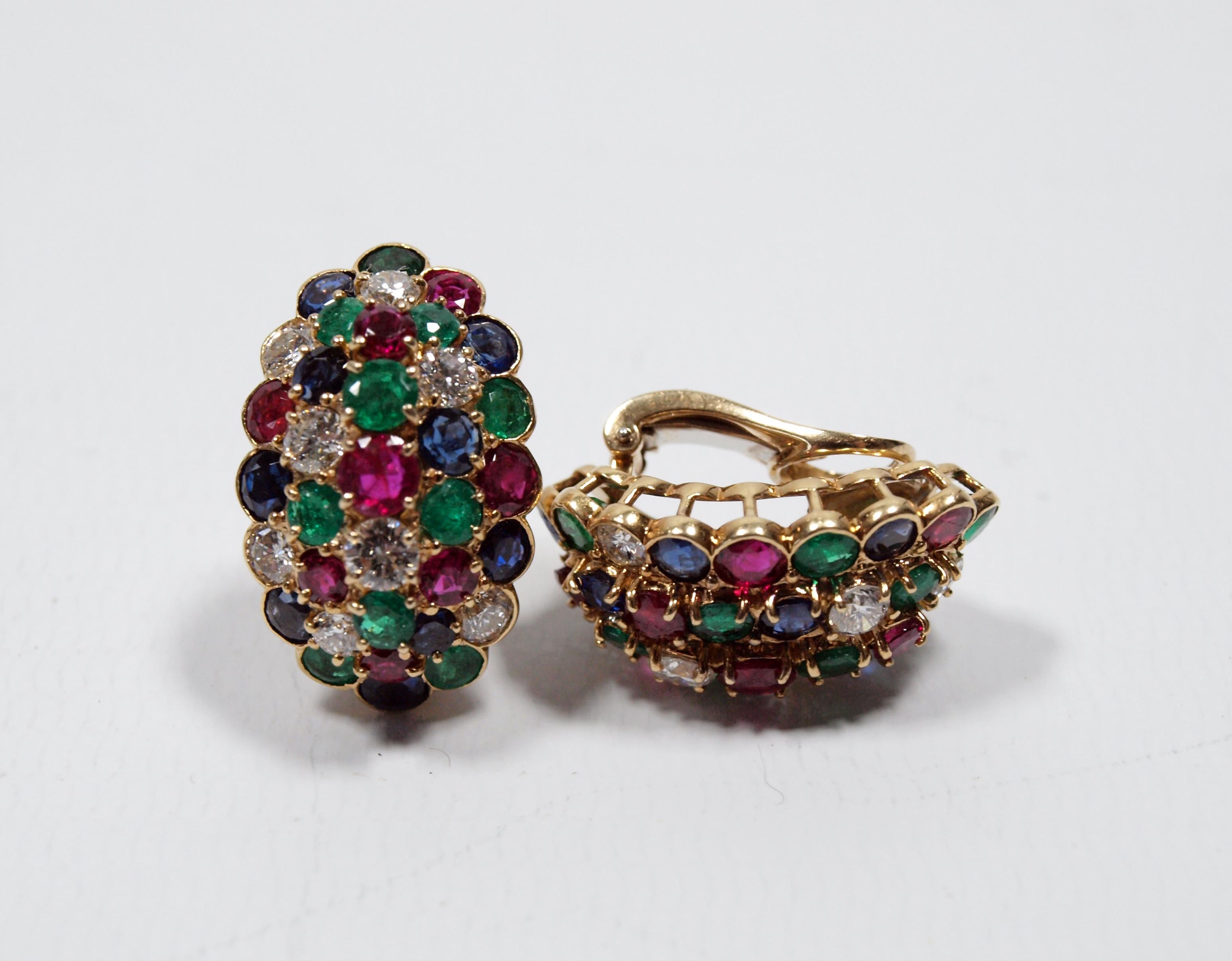 Van Cleef & Arpels Yellow Gold Diamond Ruby Sapphire and Emerald Earclips 1