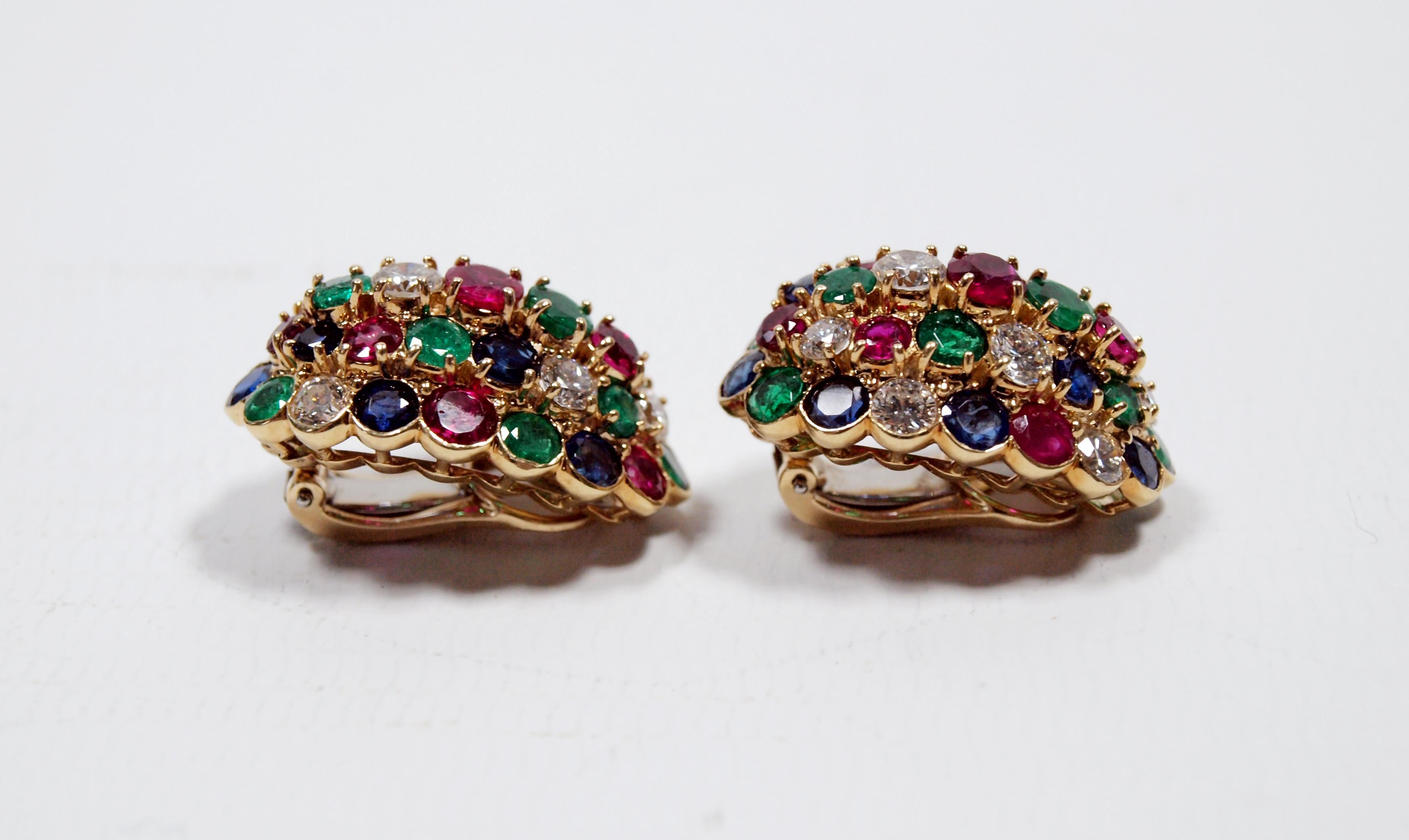 Van Cleef & Arpels Yellow Gold Diamond Ruby Sapphire and Emerald Earclips 2