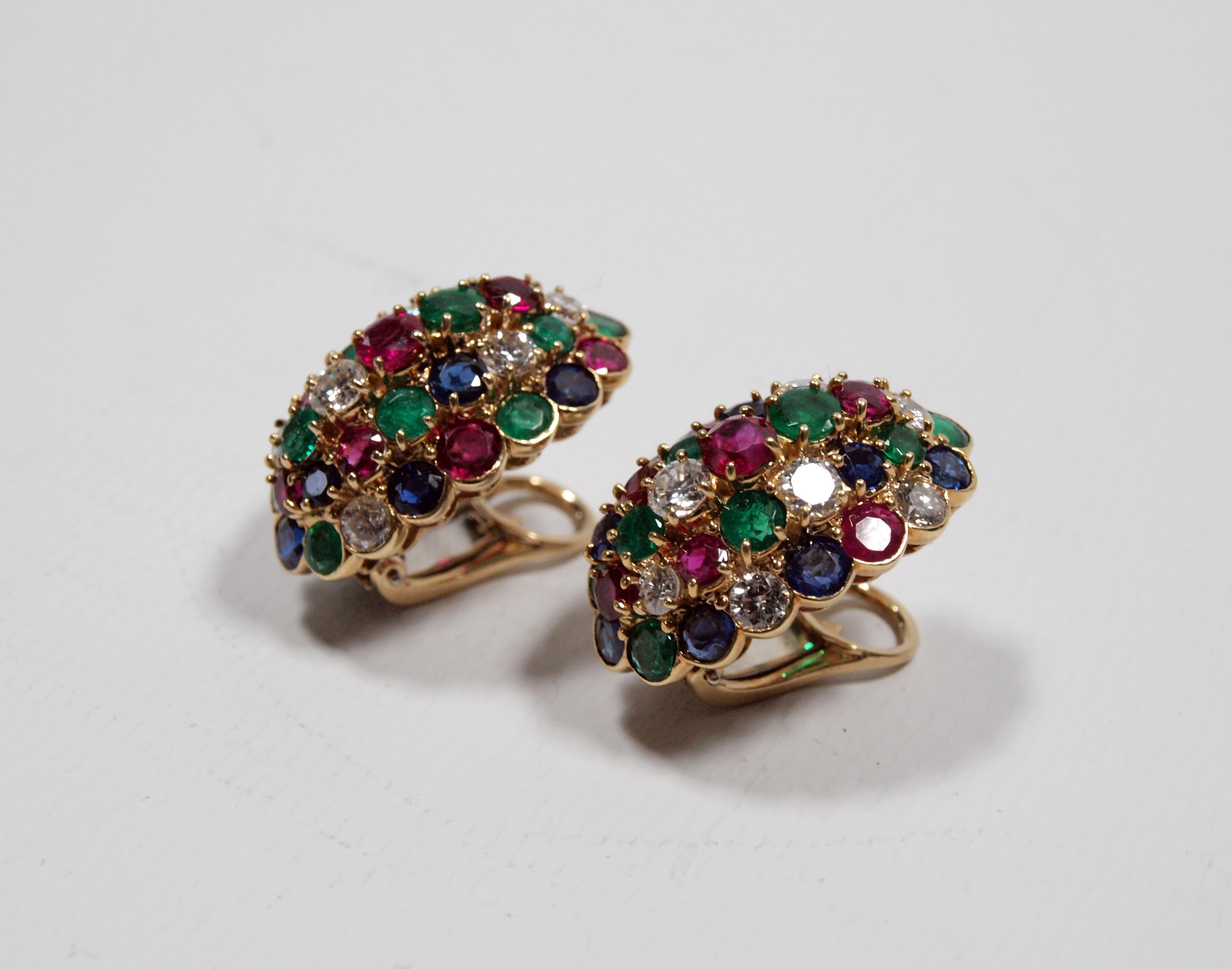 Van Cleef & Arpels Yellow Gold Diamond Ruby Sapphire and Emerald Earclips 3