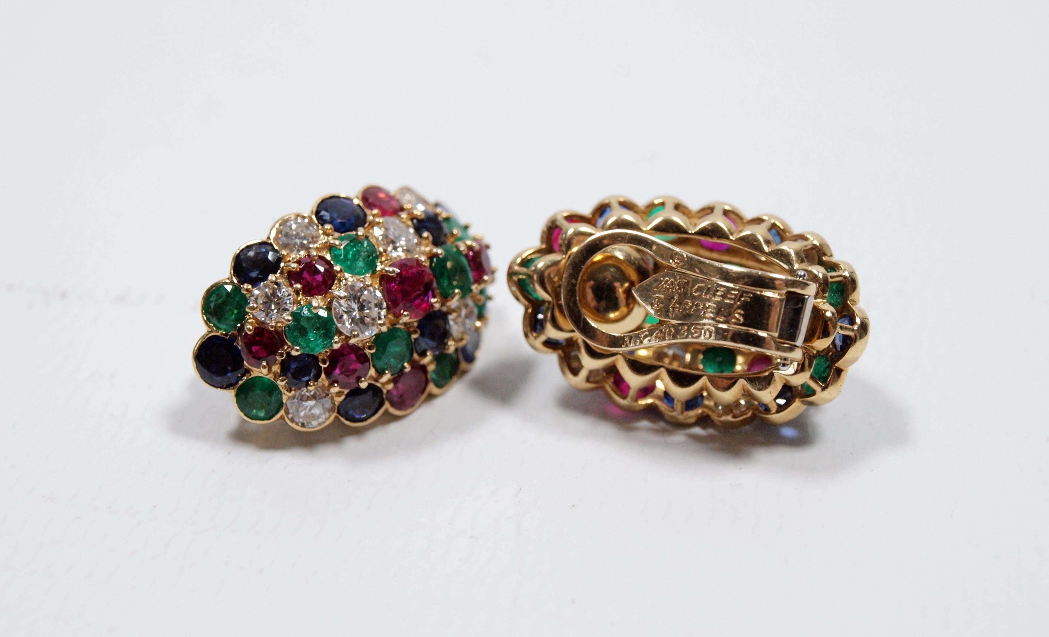 Van Cleef & Arpels Yellow Gold Diamond Ruby Sapphire and Emerald Earclips 4