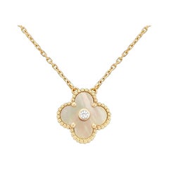 Van Cleef & Arpels Yellow Gold Diamond Single Mother of Pearl Alhambra Necklace