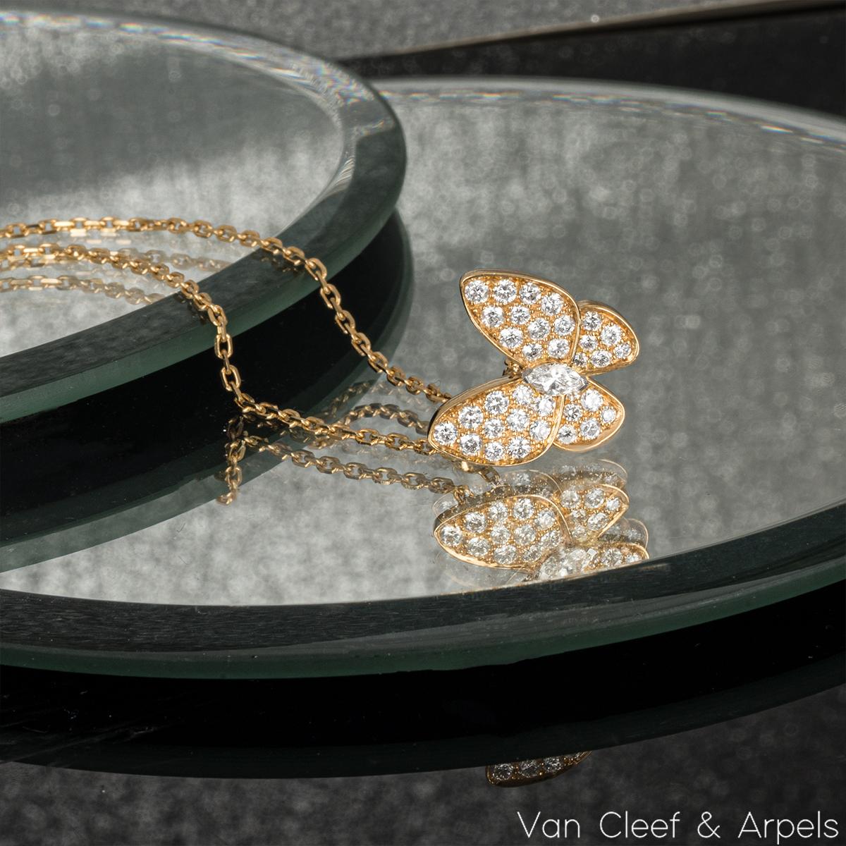 Round Cut Van Cleef & Arpels Yellow Gold Diamond Two Butterfly Pendant VCARP3DP00