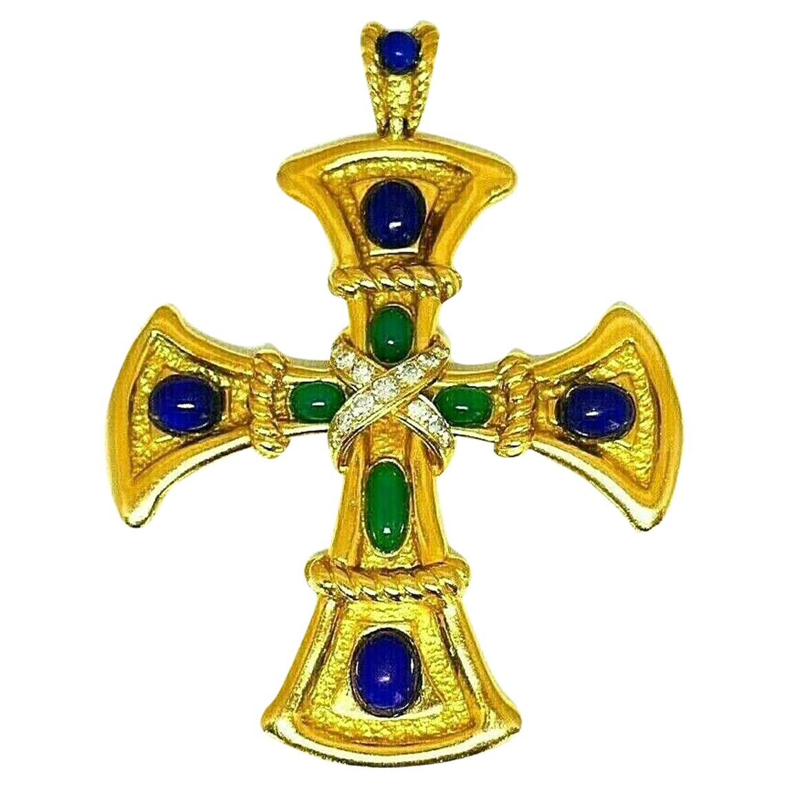 Van Cleef & Arpels Yellow Gold Lapis Green Onyx Diamond Cross Pendant